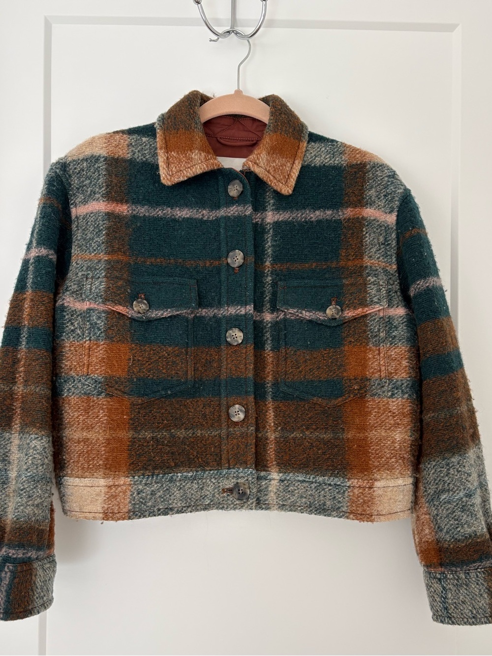 Wilfred Plaid Teddy Jacket in Brown, Green & Cream
